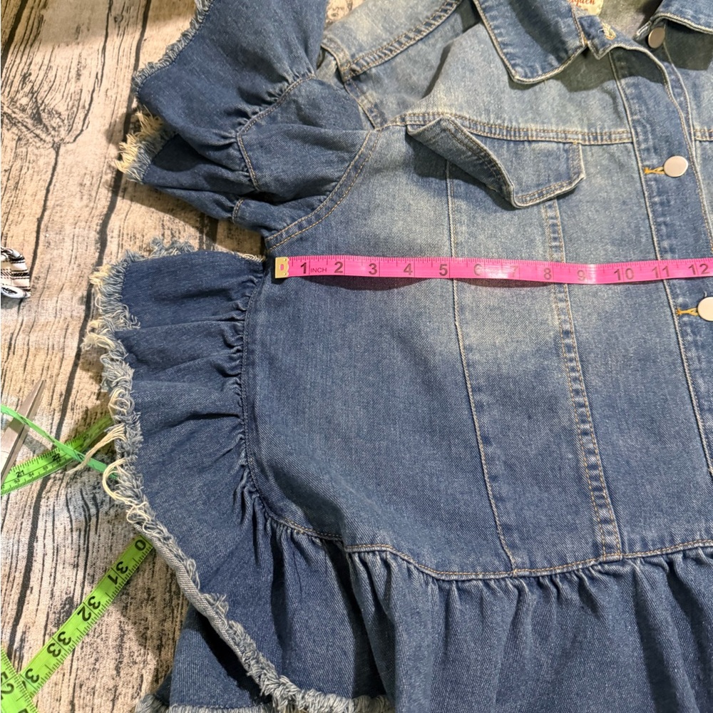 Hayden Denim Distressed Ruffle Jacket Short Sleeve Boho Flap Pockets Ombré 1XL - Picture 10 of 12